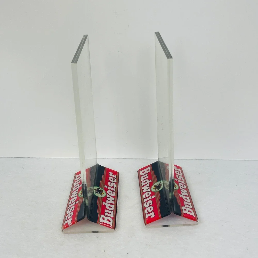 Vintage Budweiser Acrylic Table Tent Sign Holder Pair Clear Bar Menu Display 8in
